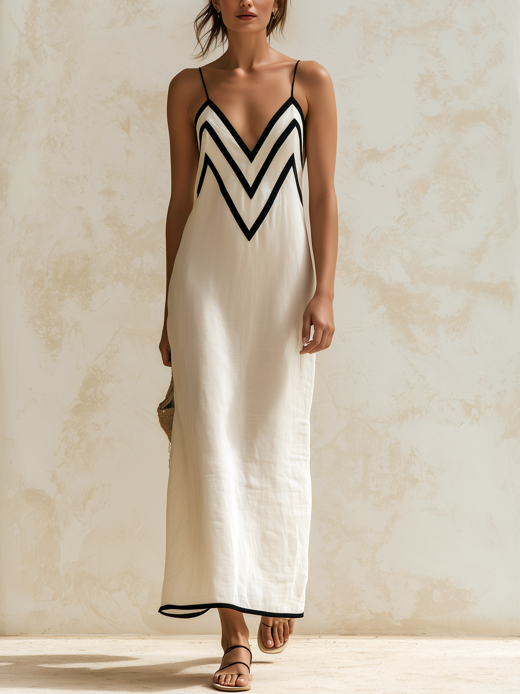 Inma | Vestido largo estilo slip con bordes en contraste con motivo chevron